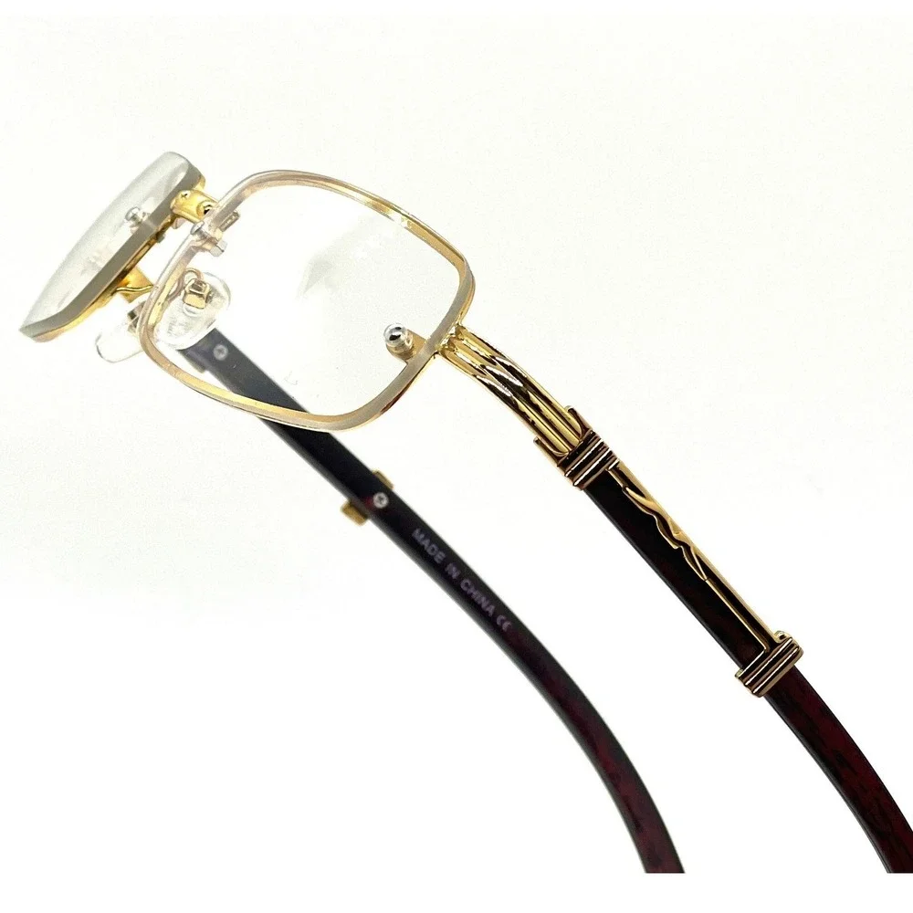 Rimless Rectangle Glasses Gold Frame Wood Arms Women Fashion Eyewear Trendy 2026